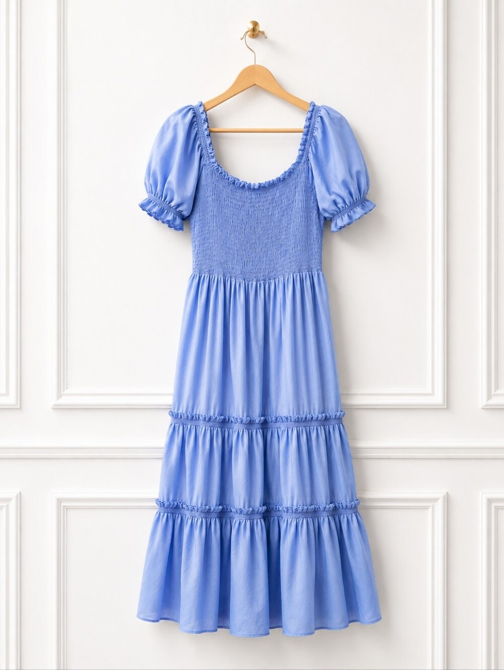 KIRUNDO Light Blue Smocked Tiered Maxi Dress Size L | Puff Sleeve Cottagecore - Picture 6 of 8
